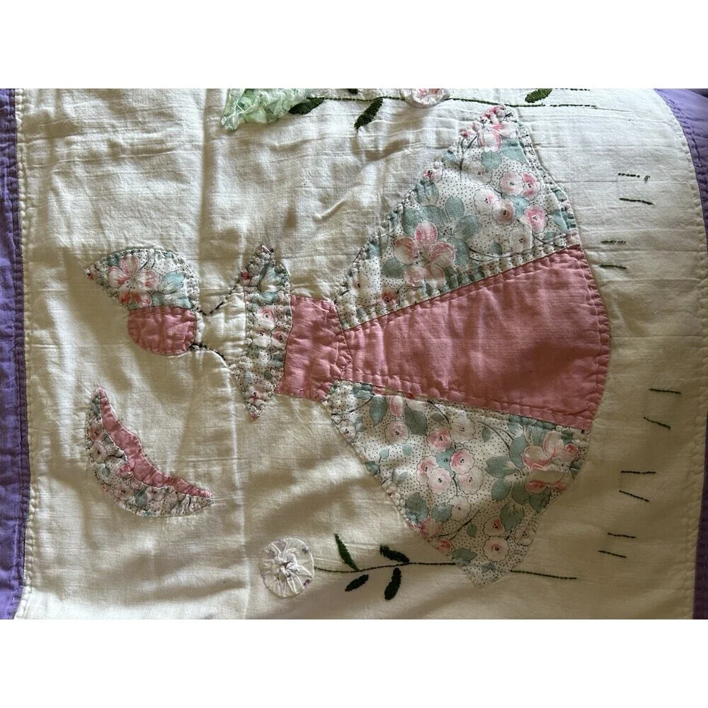 Vintage Handmade embroidered friendship quilt with Sun Bonnet Girls. 77” X 95”
